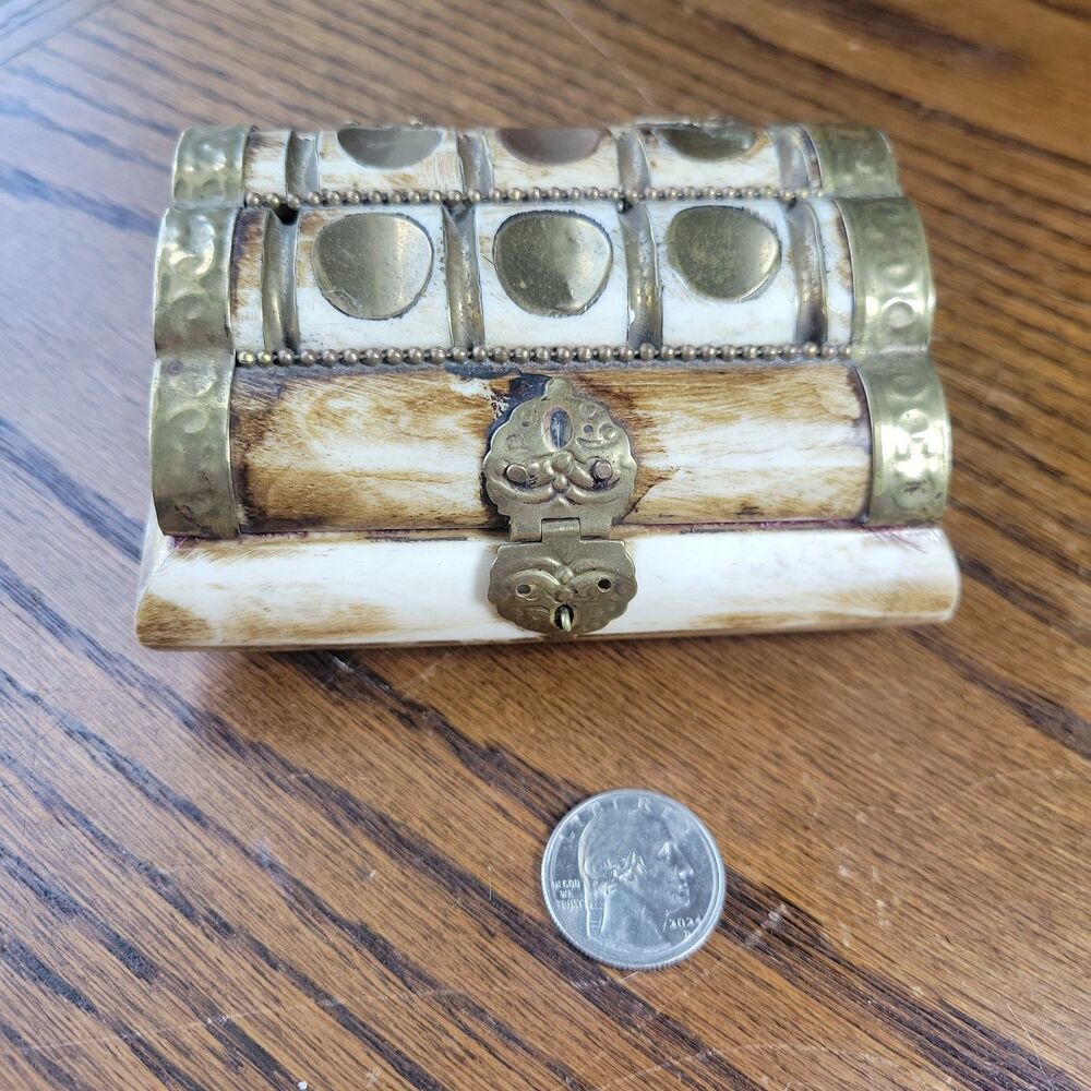 Vtg Camel Bone & Brass Hinged Trinket Jewelry Box Purple Velvet Interior Bohemia